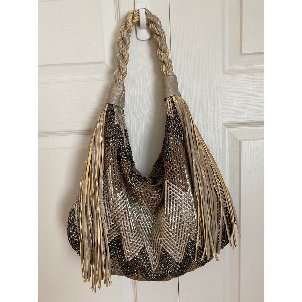 Big Buddha Metallic Woven Chevron Hobo Bag Fringe Braided Handle Bronze Silver
